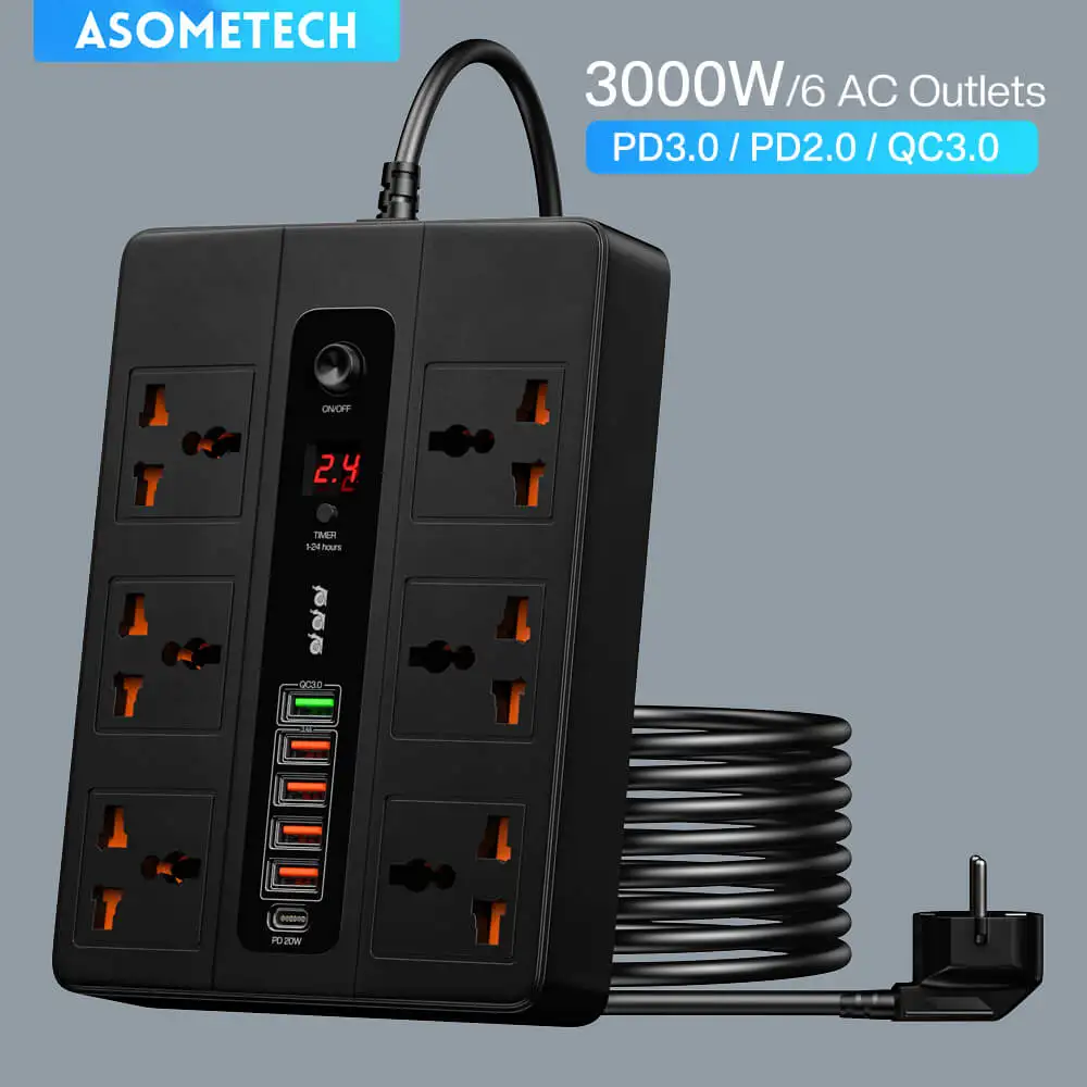 3000W 6 Universal AC Jack Power Strip Surge Protector Timed Desktop Socket with PD3.0 QC3.0 Fast USB Charger 2M Extension Socket
3000W 6 Universal AC Jack Power Strip Surge Protector Timed Desktop Socket with PD3.0 QC3.0 Fast USB Charger 2M Extension Socket