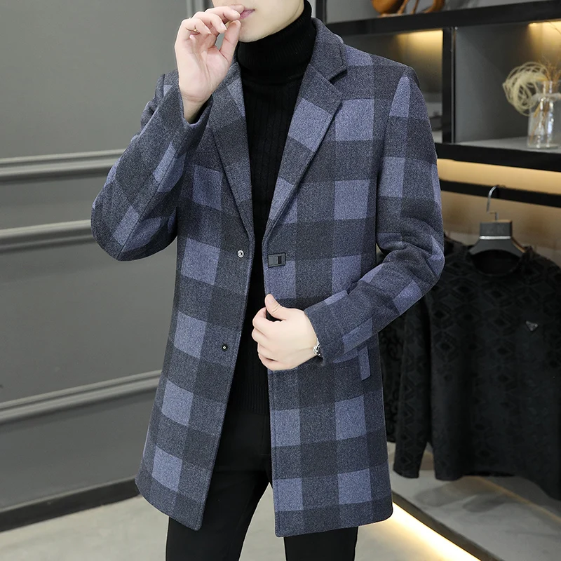 

2023New high-quality men's wool coat in long fashion everything match handsome wool trench coat trend checked tweed coat coat