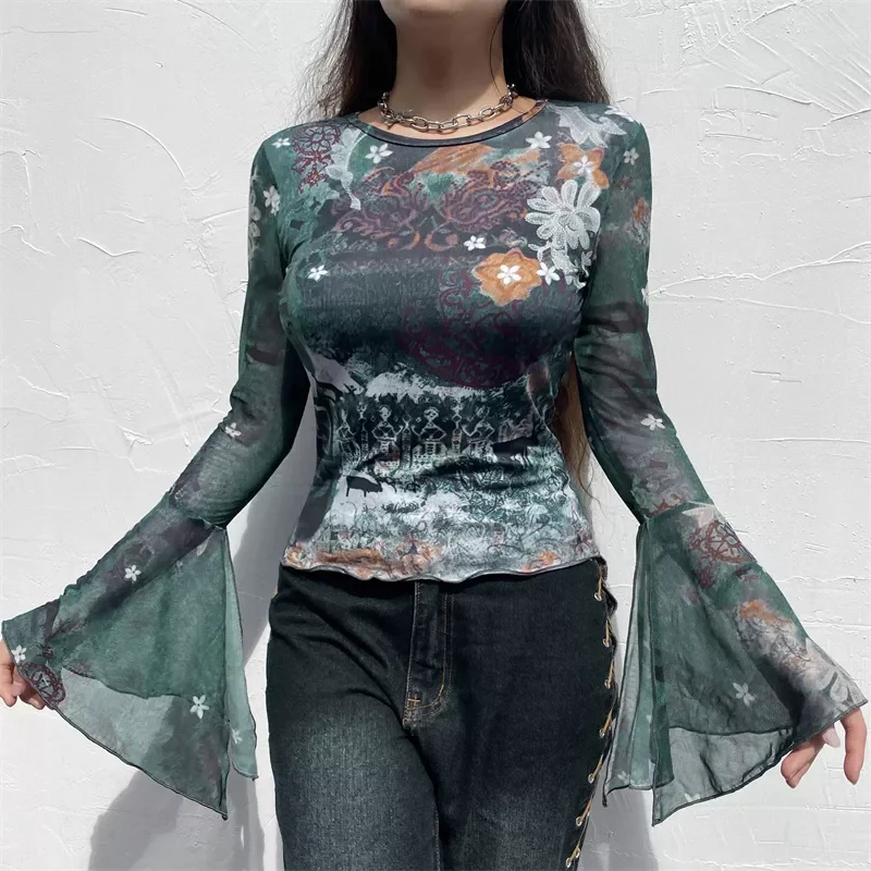New women traf shirtsroupas femininas blusas Y2K Fairy Grunge Graphic Shirts Fall Patchwork Mesh Long Flare Sleeeve Crop Top 90s
New women traf shirtsroupas femininas blusas Y2K Fairy Grunge Graphic Shirts Fall Patchwork Mesh Long Flare Sleeeve Crop Top 90s