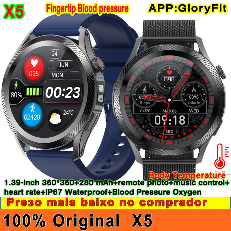 Original X5 Smart Watch 1.39 inch Fingertip Blood Pressure Heart Rate Temperature Monitor IP67 Waterproof Smartwatch Men Women
Original X5 Smart Watch 1.39 inch Fingertip Blood Pressure Heart Rate Temperature Monitor IP67 Waterproof Smartwatch Men Women