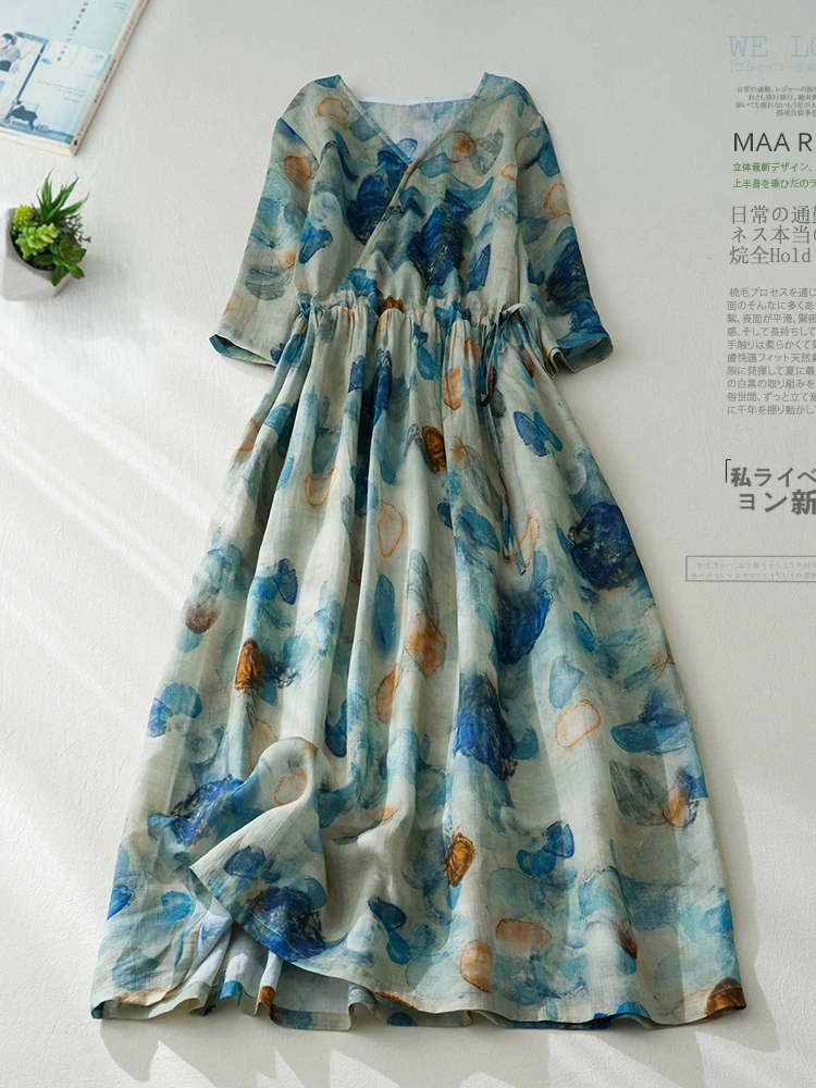 Japanese Ramie Dress Women's Printed V-neck Short-sleeved Chinese-style Slanted Lapel Cotton Linen Long Dress Summer Women 2022
Japanese Ramie Dress Women's Printed V-neck Short-sleeved Chinese-style Slanted Lapel Cotton Linen Long Dress Summer Women 2022