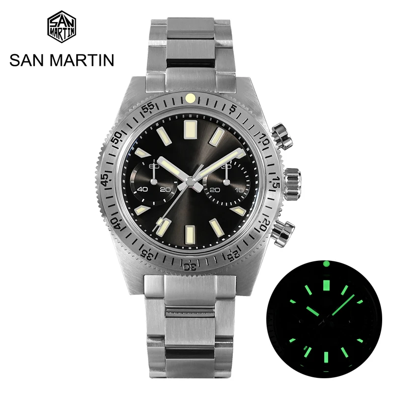 

San Martin Mens Chronograph Watch Seagull ST1901 Dive Manual Movement Mechanical Sapphire 10Bar Waterproof C3 Luminous Watch