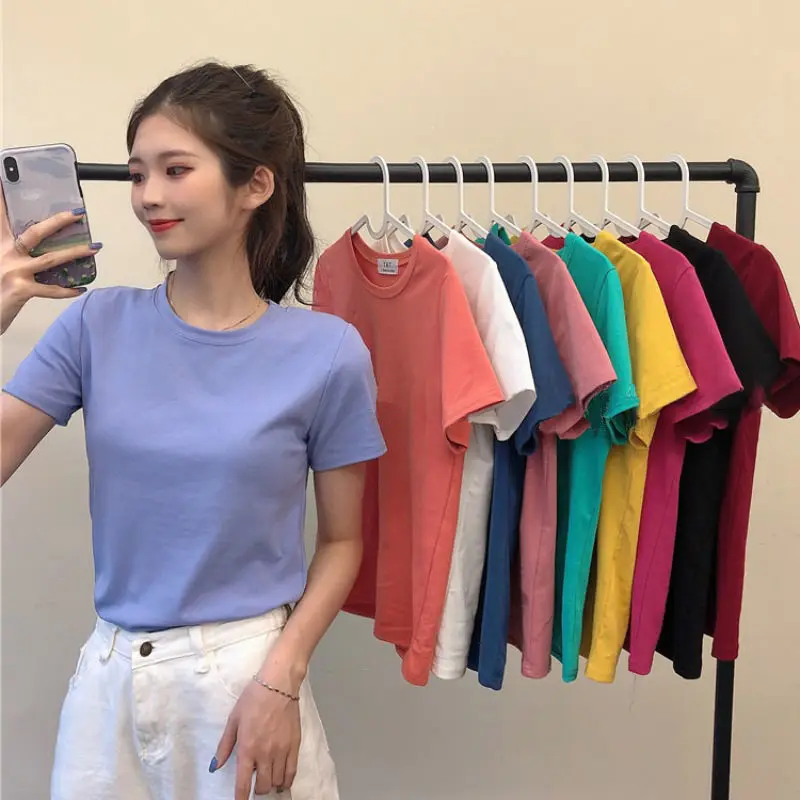 Solid Short Sleeved T-Shirt Women 2022 Summer New All-Match Basic O Neck Slim Candy Color Plus Size Tee Tops Camiseta De Mujer
Solid Short Sleeved T-Shirt Women 2022 Summer New All-Match Basic O Neck Slim Candy Color Plus Size Tee Tops Camiseta De Mujer