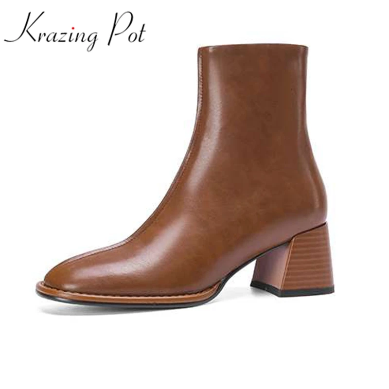 

Krazing Pot Cow Leather Basic Clothing Round Toe Platform Chelsea Boots Zipper Warm Winter Career Lady Catwalk Chic Ankle Boots