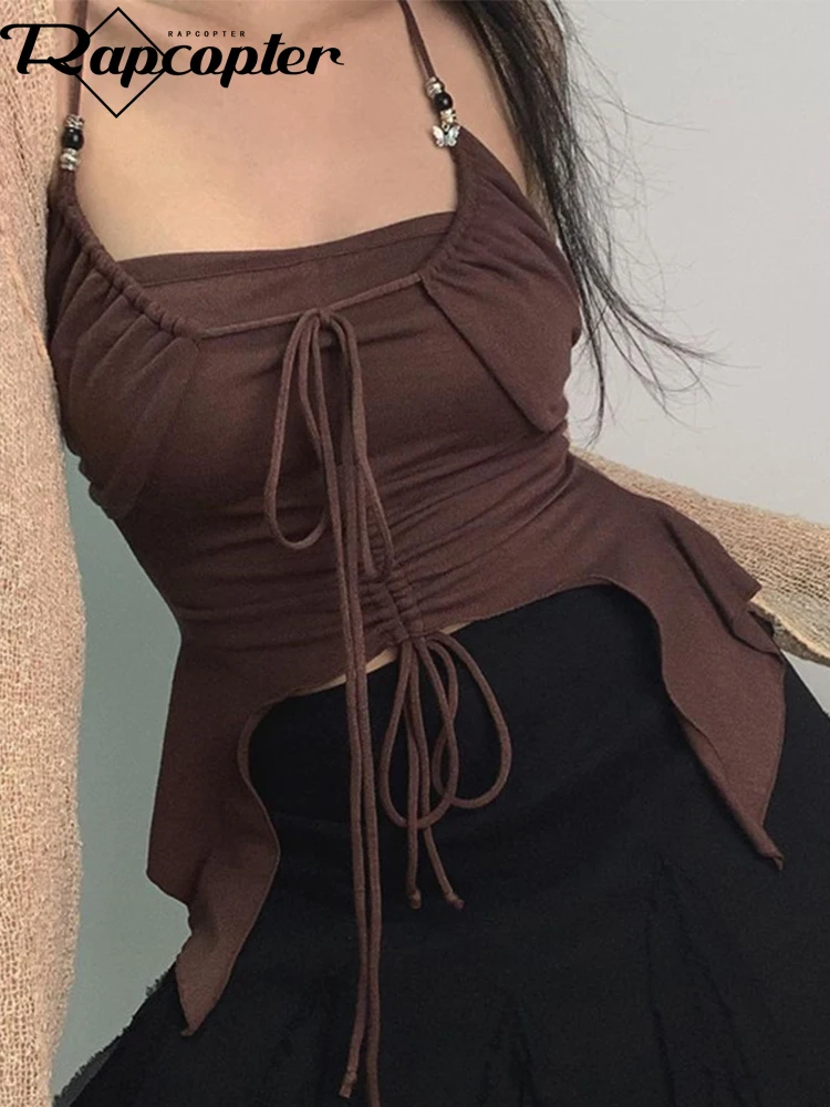 Милый кроп-топ Rapcopter Y2K на завязках, коричневый вязаный Асимметричный топ с лямкой на шее, женская летняя пляжная вечерние лка с рюшами 
Милый кроп-топ Rapcopter Y2K на завязках, коричневый вязаный Асимметричный топ с лямкой на шее, женская летняя пляжная вечерние лка с рюшами