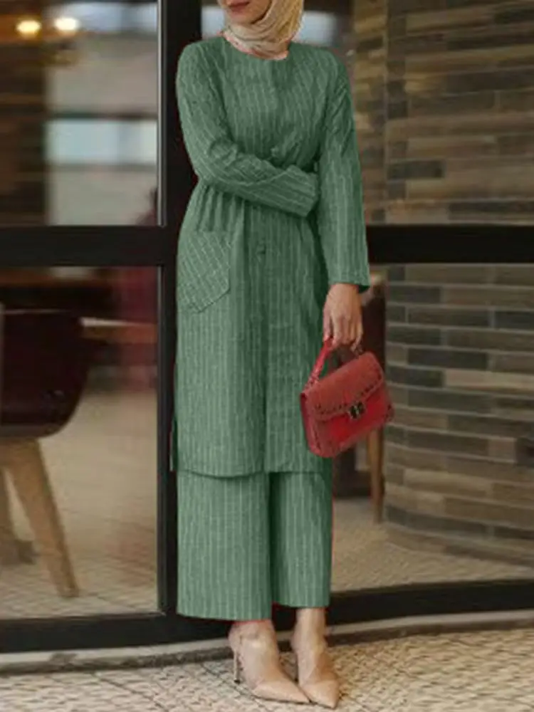 ZANZEA Muslim Two Piece Set Women Outfit Vintage Striped Matching Sets Woman Long Sleeve Blouse Loose Pants Islamic Clothing
ZANZEA Muslim Two Piece Set Women Outfit Vintage Striped Matching Sets Woman Long Sleeve Blouse Loose Pants Islamic Clothing