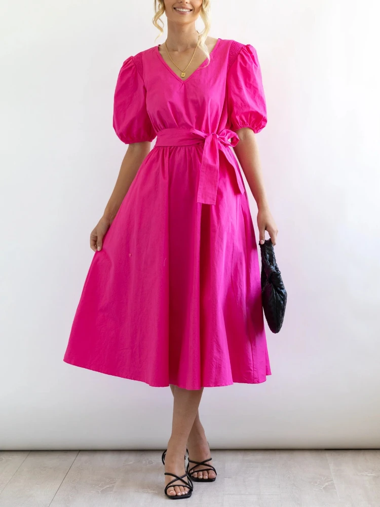 Summer New In Dresses for Women Clothing Solid V-Neck Lace-up Short Sleeve Loose Streetwear Elegant Party Dresses Knee-Length
Summer New In Dresses for Women Clothing Solid V-Neck Lace-up Short Sleeve Loose Streetwear Elegant Party Dresses Knee-Length