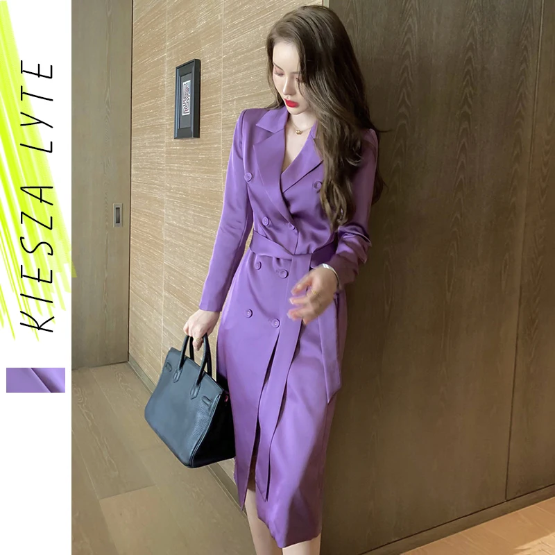 

Женская ветровка средней длины 2023, Весенняя двубортная куртка на шнуровке, приталенная фиолетовая куртка с воротником, модная верхняя одеж...
