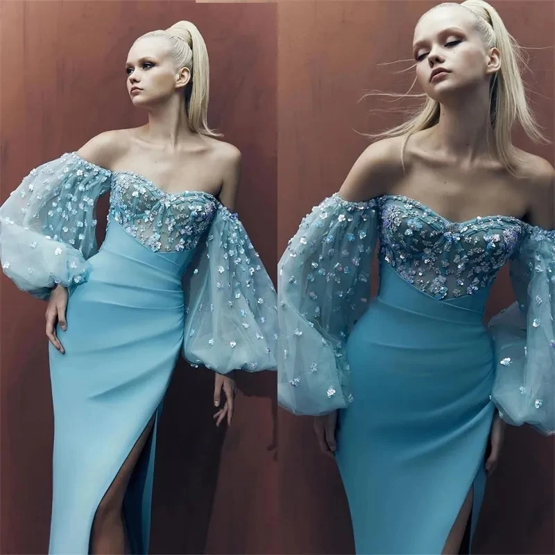 Light Blue Mermaid Prom Dress 3D Floral Appliqued Evening Gown Off Shoulder Full Sleeve Bride Long Robes Strapless Custom Made
Light Blue Mermaid Prom Dress 3D Floral Appliqued Evening Gown Off Shoulder Full Sleeve Bride Long Robes Strapless Custom Made