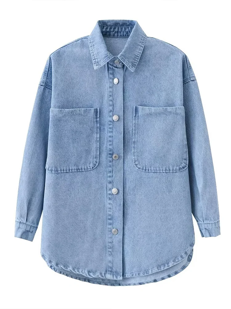 Spring and summer new women's fashion button lapel loose long-sleeved pockets light-colored snowflake craft denim shirt jacket
Spring and summer new women's fashion button lapel loose long-sleeved pockets light-colored snowflake craft denim shirt jacket