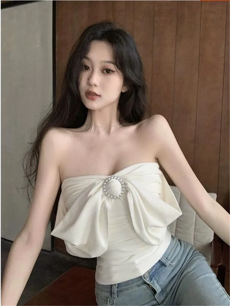 

Sexy White Slash Neck Strapless Tank Top Bow Wrapped Chest Backless Slim Bottoming Vest Shirt Summer Off Shoulder Sling Camis