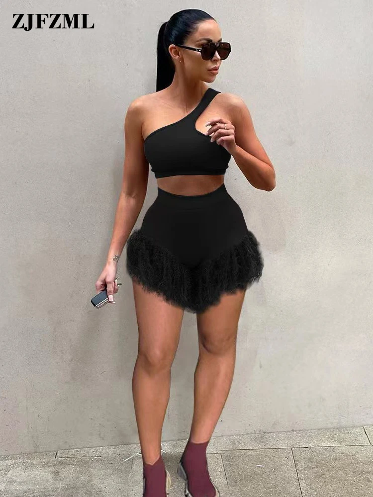 

Attractive Fitness Two Piece Outfits for Women Female Sweatsuits 2022 One Shoulder Asymmetrical Crop Top and Feather Slim Shorts