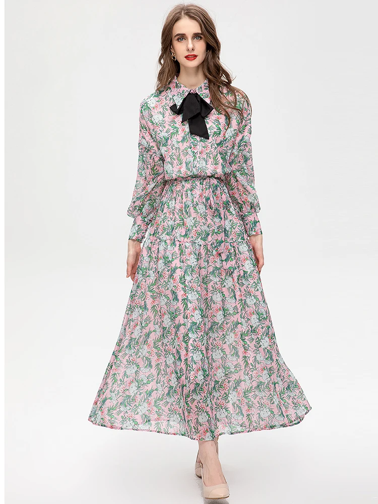 

MoaaYina Fashion Runway Spring Summer Dress Turn-down Collar Belted Flower print Vacation Elegant Party Long Dresses