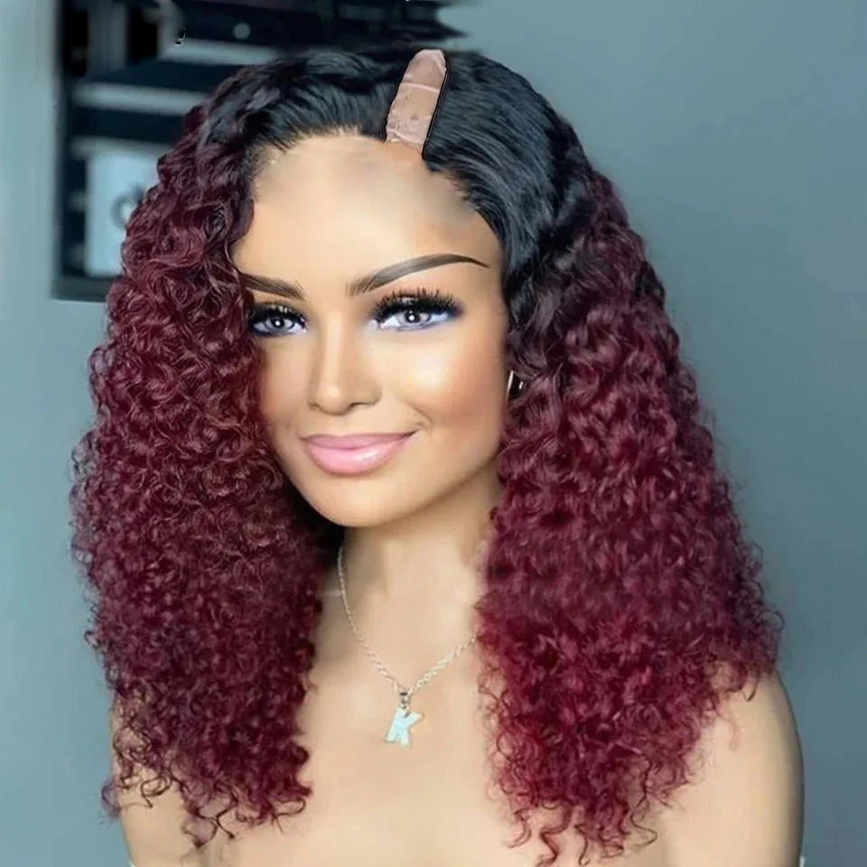 

250Density Ombre Burgundy Red 99j Bob Deep Kinky Curl U Part 100% Human Hair Unprocessed Wigs For Women Remy V Shape With Straps