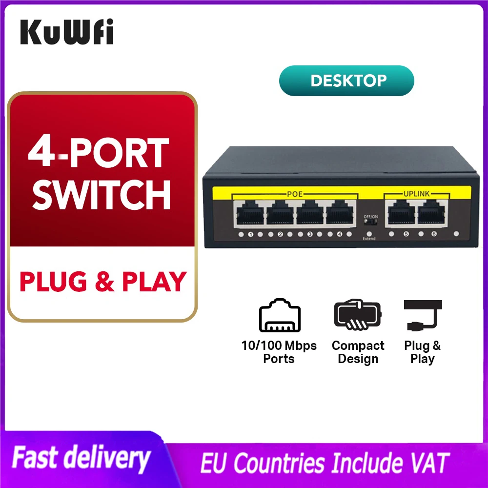 

Kuwfi 48 в POE сетевой коммутатор 10/100 Мбит/с Ethernet коммутатор RJ45 инжектор коммутатор с 4 портами для ip-камеры/беспроводной AP/Wifi роутер