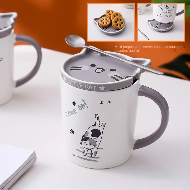 

Новая креативная керамическая кружка с милым мультяшным котом, чашка для воды для пары, домашняя чашка для завтрака, молока, кофе, сока, набор с крышкой и ложкой, праздничный подарок