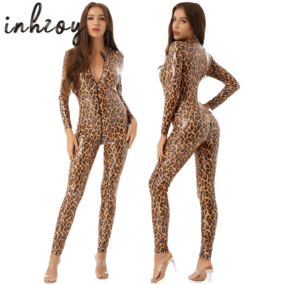 Sexy Leopard Print Patent Leather Bodysuit Jumpsuit Pole Dancing Clubwear Womens Hot Long Sleeve Zipper Leotard Catsuit
Sexy Leopard Print Patent Leather Bodysuit Jumpsuit Pole Dancing Clubwear Womens Hot Long Sleeve Zipper Leotard Catsuit