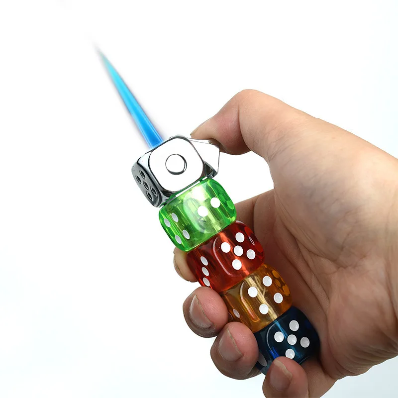 

New Creative Dice Blue Flame Windproof Lighter Refillable Butane Torch Lighter Body LED Flashing Cute Gift Cigarette Accessories