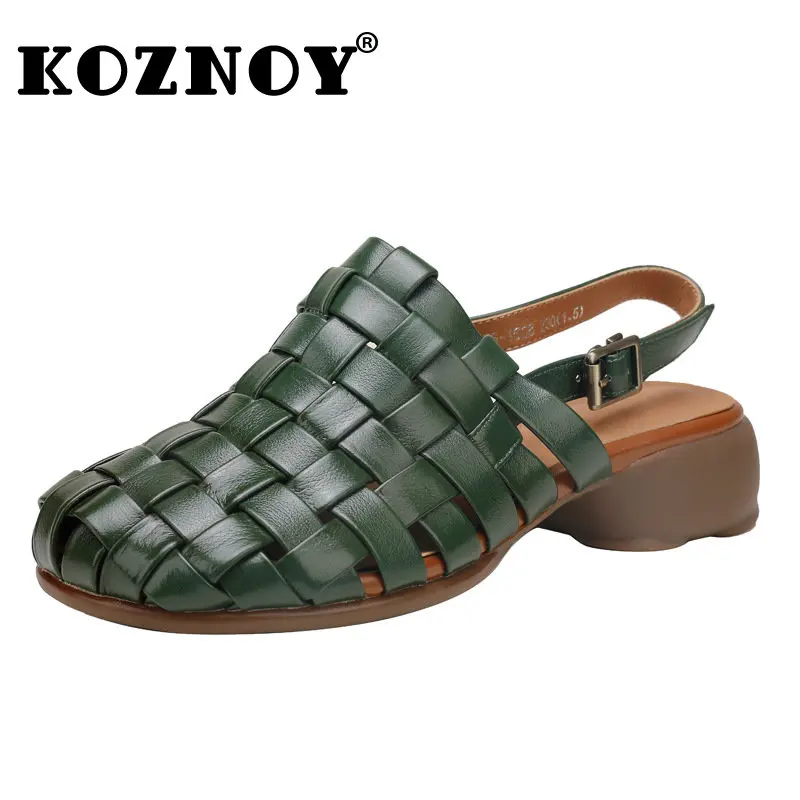 

Koznoy 3.5cm Women Flats Weave Cow Genuine Leather Slippers Comfy Moccasins Fashion Ladies Buckle Female Summer Sandals Shoes