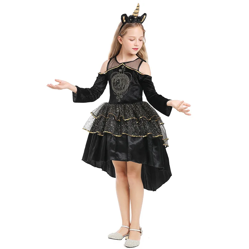 

Halloween Cosplay Unicorn Costume Black Tuxedo Dress Gott Pony Print Dress For Girls