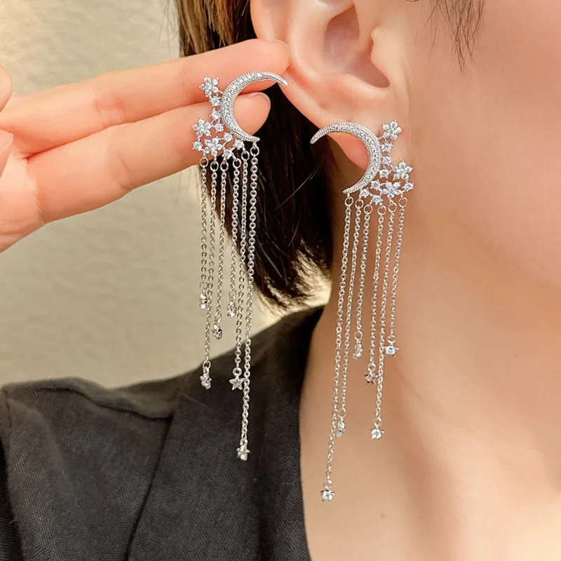 Women's Trendy Silver Colour Moon Jewellery Vintage Stars Pendant Jewelry Long Tassels Earring Delicate Zirconia Flower Earrings
Women's Trendy Silver Colour Moon Jewellery Vintage Stars Pendant Jewelry Long Tassels Earring Delicate Zirconia Flower Earrings