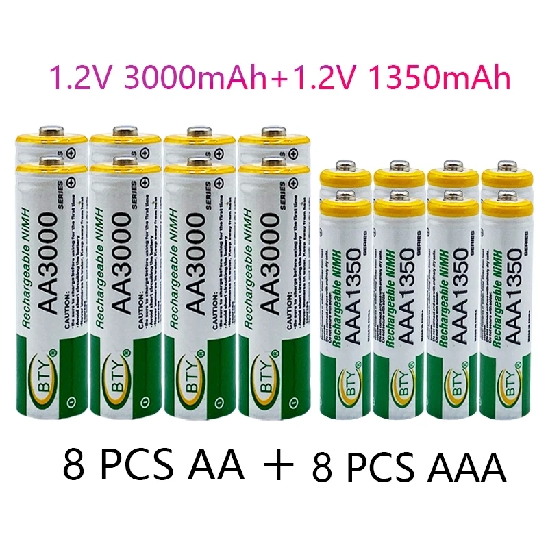 

BTY 1.2V AA 3000mAh + 1.2V AAA 1350mAh NiMH Rechargeable Battery for Portable TV Lantern DVD Cordless Telephone LED Remote