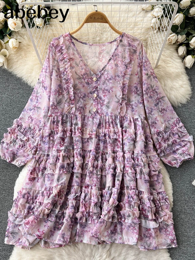 French Romance Purple Floral Chiffon Dress Loose Waist Women's Summer New Lantern Sleeve V-Neck Knee-Length Dress
French Romance Purple Floral Chiffon Dress Loose Waist Women's Summer New Lantern Sleeve V-Neck Knee-Length Dress