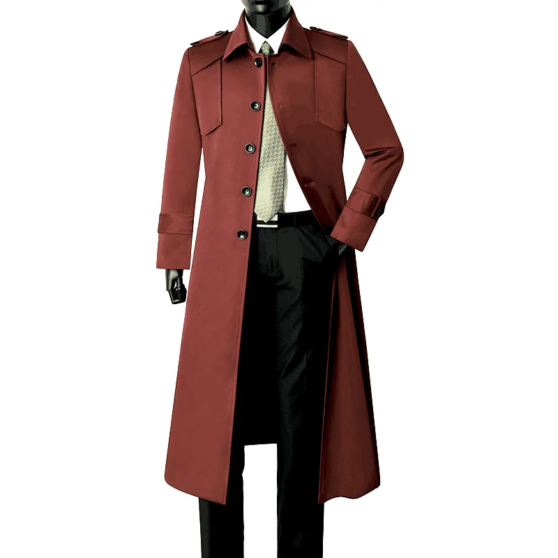 

Classic Men'S Trench Coat Extra-Long Knee-Length Single-Breasted Business Casual Handsome Slim Clothes Erkek Mont Wine Red Brown