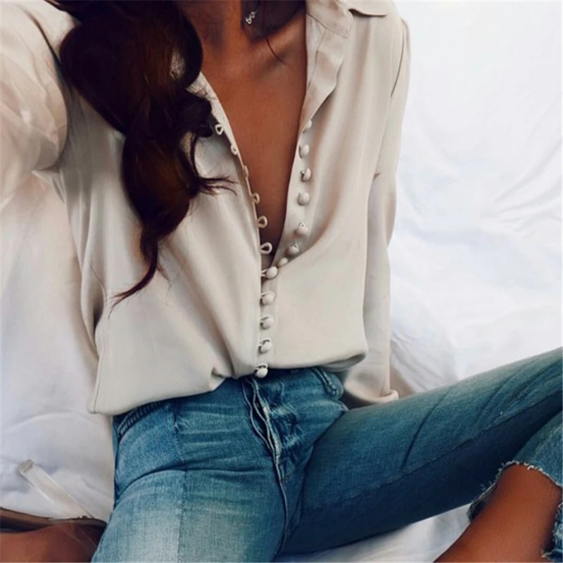 

Women's buttoned long sleeved top, office shirt, white, fashionable, camisas de mujer blusas elegantes finas pa... shirts blouse