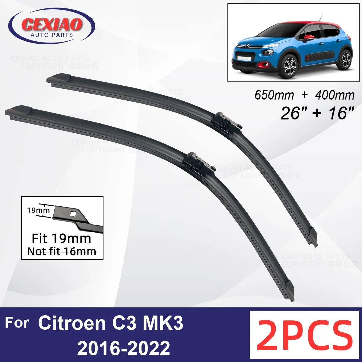 

Car Wiper For Citroen C3 MK3 2016-2022 Front Wiper Blades Soft Rubber Windscreen Wipers Auto Windshield 26"+16" 650mm + 400mm