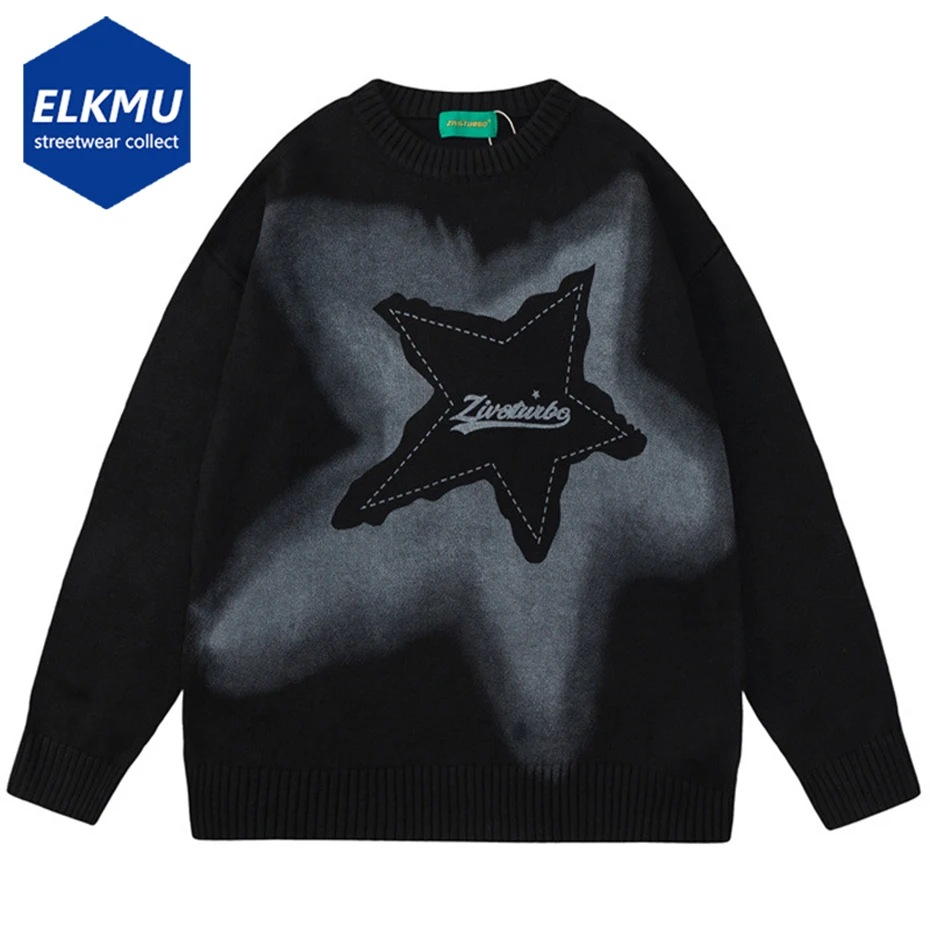 Свитер мужской с графическим принтом и звездами, вязаный джемпер в стиле Харадзюку, свободный винтажный свитер, цвет черный/белый 
Свитер мужской с графическим принтом и звездами, вязаный джемпер в стиле Харадзюку, свободный винтажный свитер, цвет черный/белый