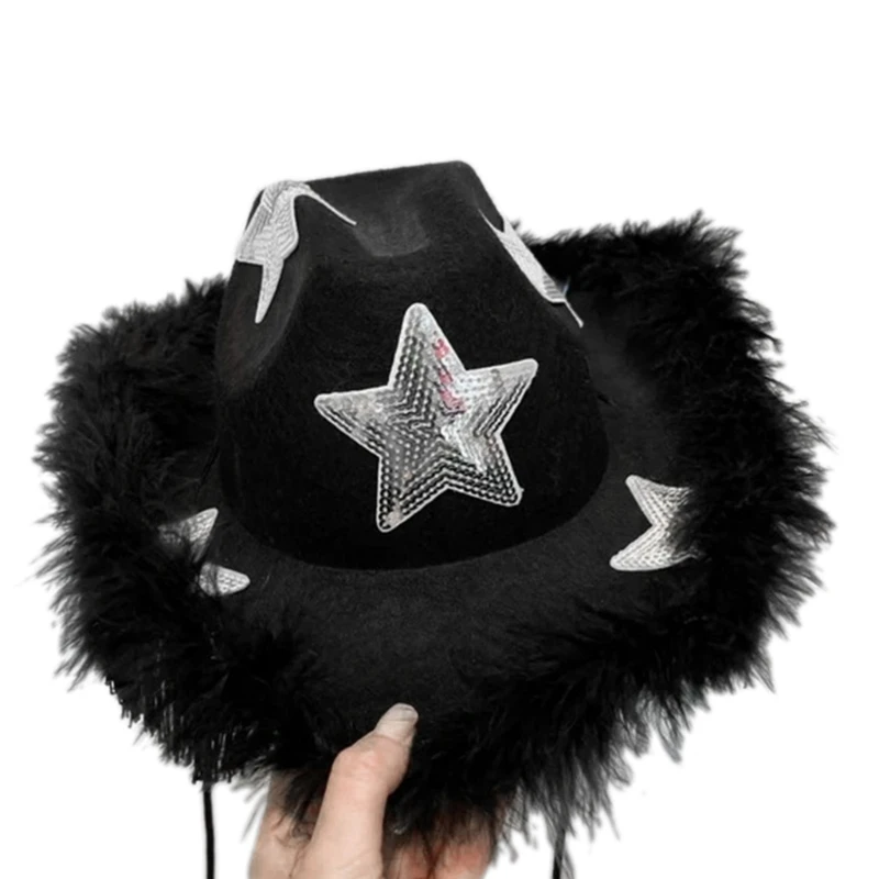 Cowgirl Hat with Feathered Trim Sequins Star for Costme Dress Up Cosplays Party
Cowgirl Hat with Feathered Trim Sequins Star for Costme Dress Up Cosplays Party