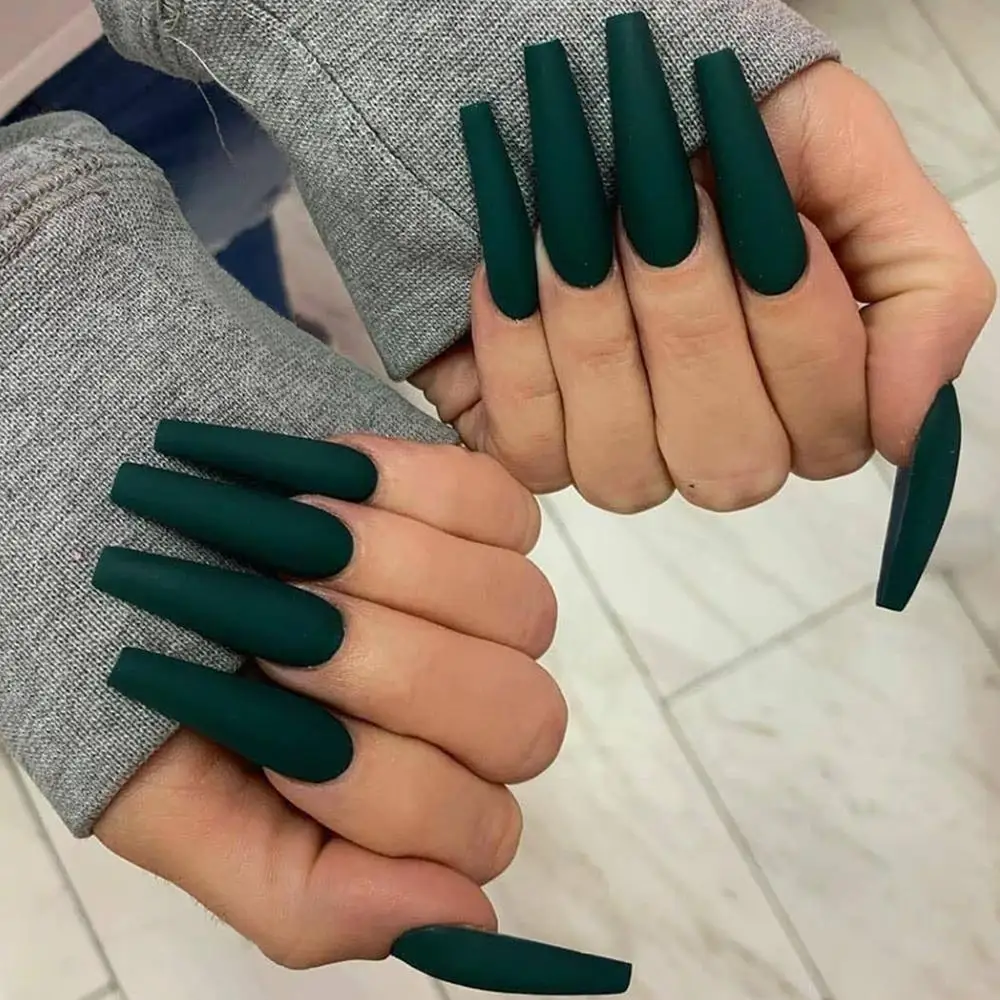 

24Pcs Nail Art Tips Long Matte Green Frosted Ballerina Fake Press on Nails Wearable Full Cover Coffin French Fake Nail With Glue