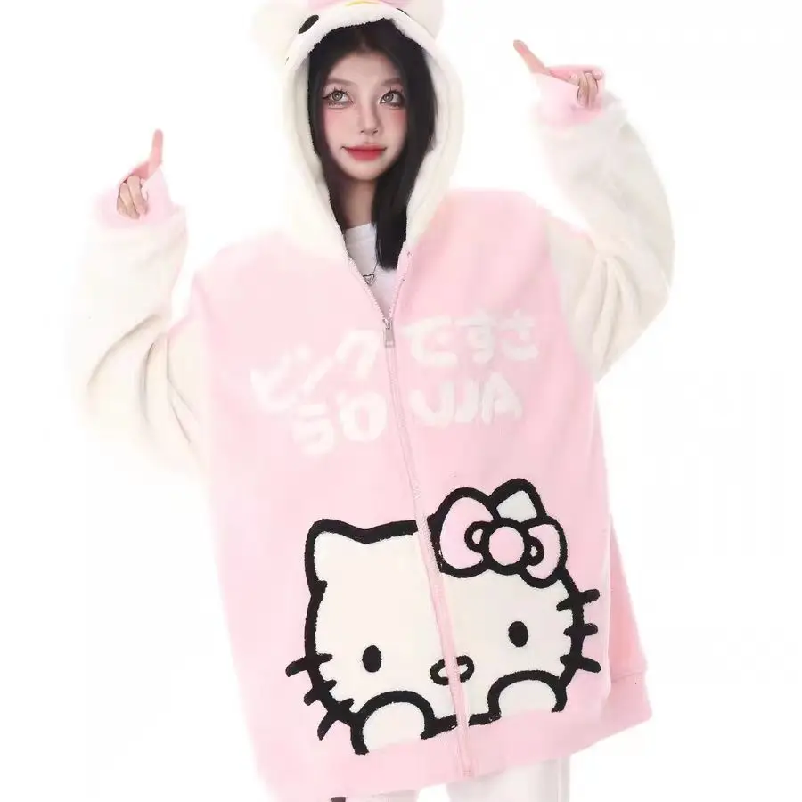 

Sanrio Kawaii Hello Kitty Coat Cute Cartoon Embroidered Polar Fleece Jacket Student Winter Ins Anime Warm Cotton Clothes Gift