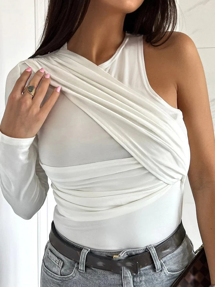 Elegant Women One Shoulder Cross Wrap Shirt New Fashion Skinny Pullover Tops Ladies Casual One Side Long Sleeve Solid Blouses
Elegant Women One Shoulder Cross Wrap Shirt New Fashion Skinny Pullover Tops Ladies Casual One Side Long Sleeve Solid Blouses