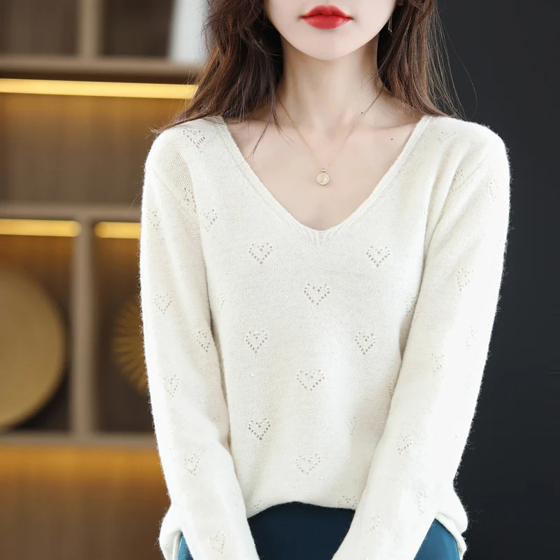 Spring Autumn Women's Sweaters Casual V-Neck Long Sleeve Sexy Hollow Elegant Female Pullover 100% Wool Knit Top Clothing Jum
Spring Autumn Women's Sweaters Casual V-Neck Long Sleeve Sexy Hollow Elegant Female Pullover 100% Wool Knit Top Clothing Jum