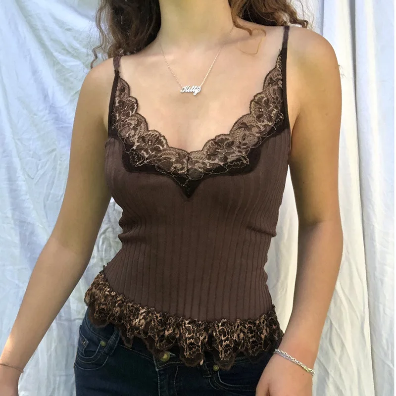 Patchwork Lace Brown Y2K Short Top Summer V Neck Sexy Sleeveless Camisole Tees 90s Backless Spaghetti With Straps On Top
Patchwork Lace Brown Y2K Short Top Summer V Neck Sexy Sleeveless Camisole Tees 90s Backless Spaghetti With Straps On Top