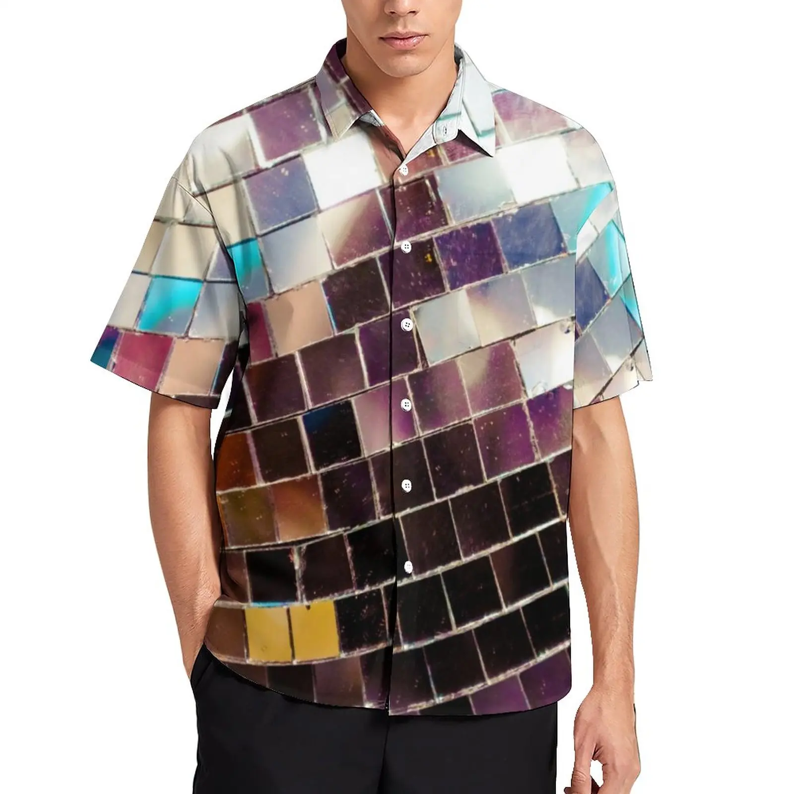 

Mirrored Disco Ball Blouses Men Sequins Print Casual Shirts Hawaiian Short-Sleeve Custom Cool Oversized Vacation Shirt Gift Idea