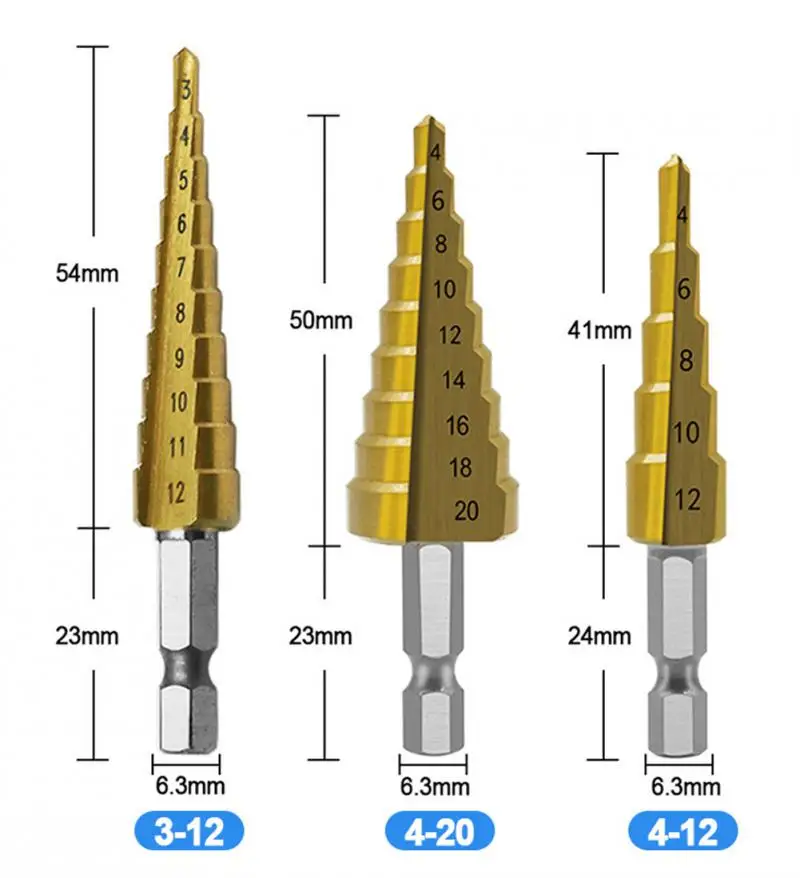 

3Pcs 3-12mm 4-12mm 4-20mm Step Drill Bit Titanium Plating HSS Straight Groove Coated Wood Hole Cutter Cone Drill Power Tools Set