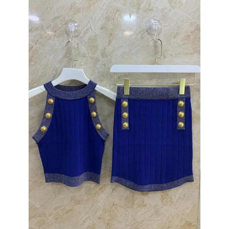 Knit Sleeveless Halter Tops and Skirt Set Blue Black White High Quality Office Lady Style Women Suit for Summer 2023
Knit Sleeveless Halter Tops and Skirt Set Blue Black White High Quality Office Lady Style Women Suit for Summer 2023