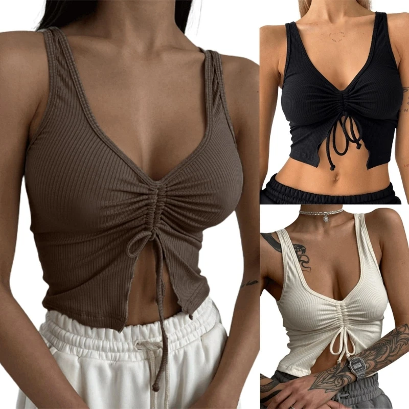 

Womens Y2k Ribbed Crop Tops Summer Twists Knot Front Sleeveless Skinny T-shirt