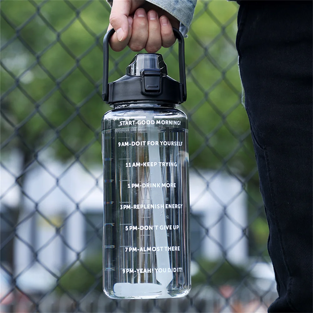 

2 Liter Outdoor Sports Drinking Bottles With Time Marker Large Capacity Plastic Water Cup Leak-proof Outdoor Fitness Bottle