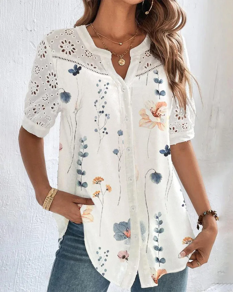 

Floral Print Notch Neck Eyelet Embroidery Top Women Spring Summer Short Sleeve Casual Shirt Blouse