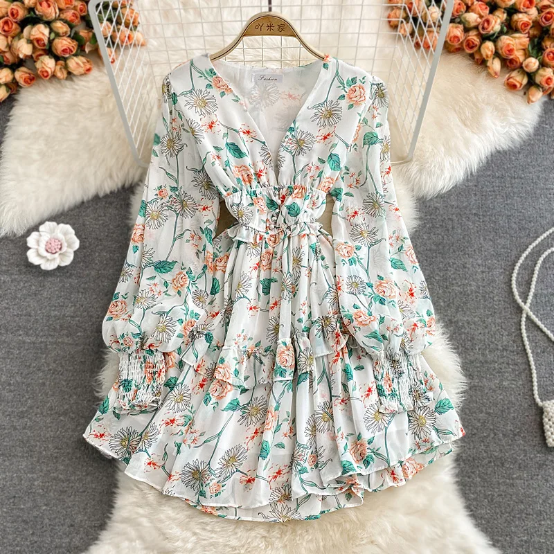 2023 Fall Women's Casual Dresses, Temperament V-Neck Ruffle Lantern Sleeve Crushed Flower Chiffon Dresses
2023 Fall Women's Casual Dresses, Temperament V-Neck Ruffle Lantern Sleeve Crushed Flower Chiffon Dresses