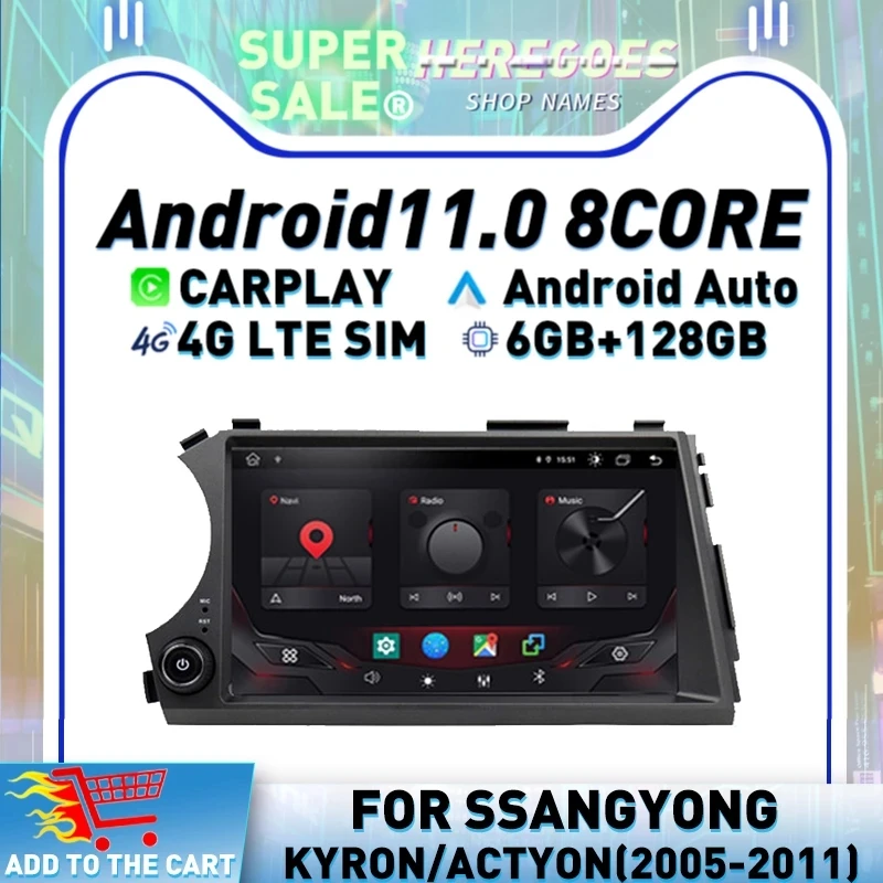 Фото Автомобильный DVD-плеер Carplay DSP 2din на Android 11.0 для Ssang Yong SsangYong Kyron Actyon 2005-2013 с навигацией GPS, радио стерео и памятью 6G+128G.