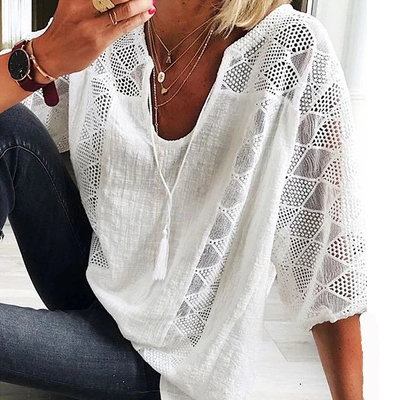 Women Tops Blouse Summer Three Quarter Sleeve Lace Female Shirt Loose Casual Solid Pullover Thin Ladies Shirts Pullover V-neck
Women Tops Blouse Summer Three Quarter Sleeve Lace Female Shirt Loose Casual Solid Pullover Thin Ladies Shirts Pullover V-neck