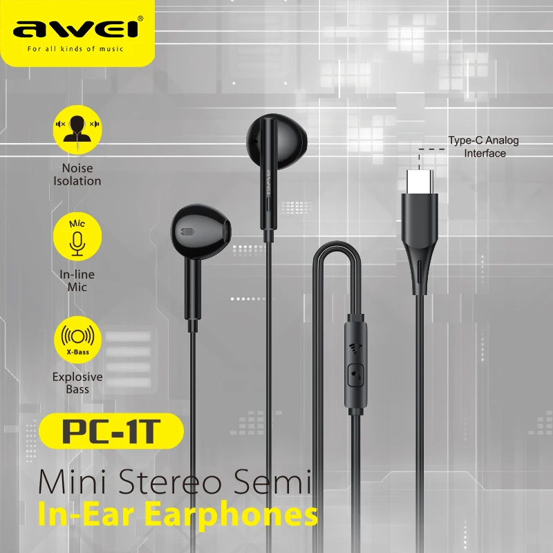 

AWEI PC-1T Type-C Wired Earphones In-Ear usb C Headset With Mic Mini Stereo Voice 1.2m For Mobile Phone Earbuds