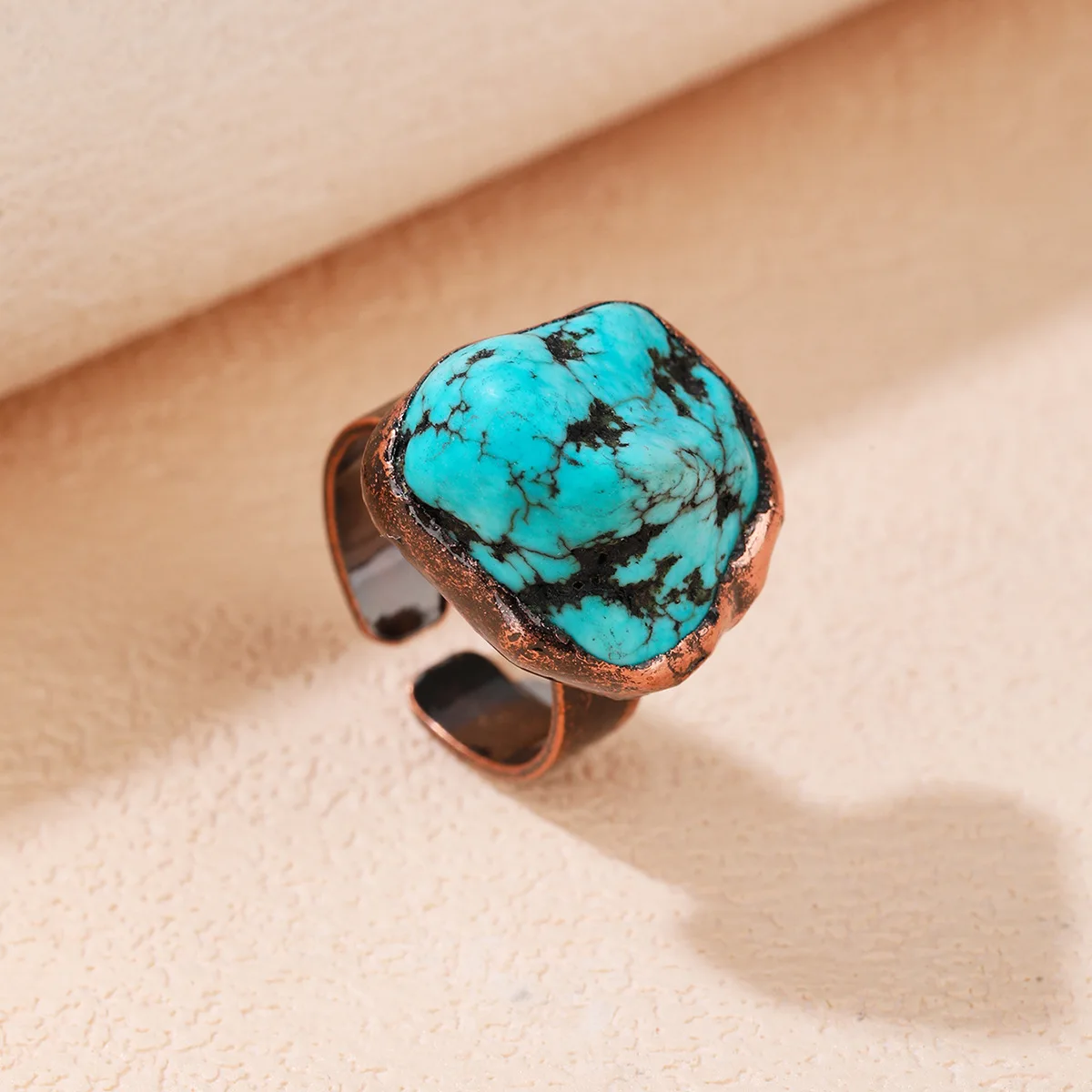 

Natural Turquoise Irregular Opening Adjustable Rings Personalized Electroplating Antique Copper Ring Stone Bronze Vintage Ring