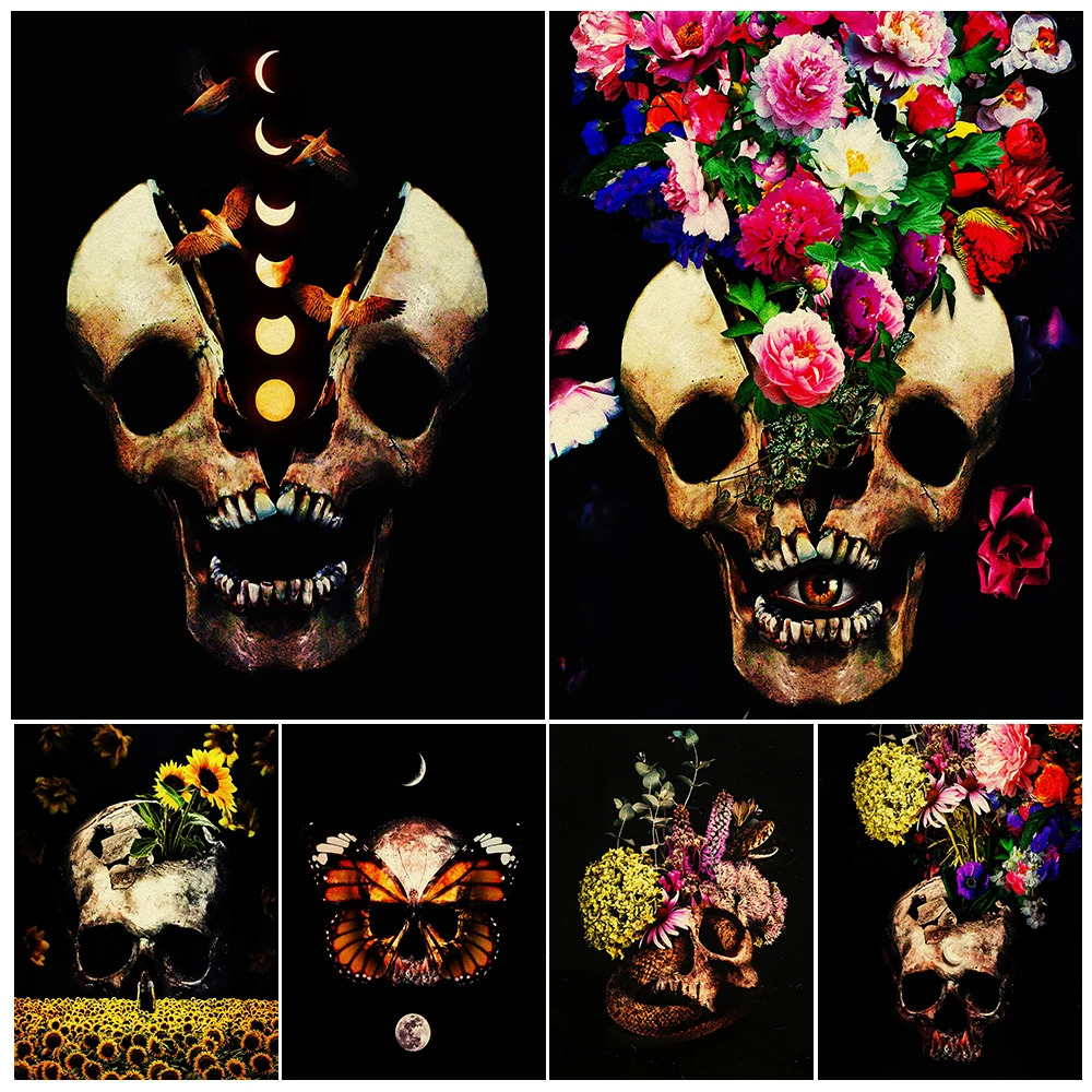 

Skeleton Head,Flower,Snake,Moon Phase Vintage Wall Art Canvas Painting Mysterious Witchcraft Horror Art Poster And Print Decor
