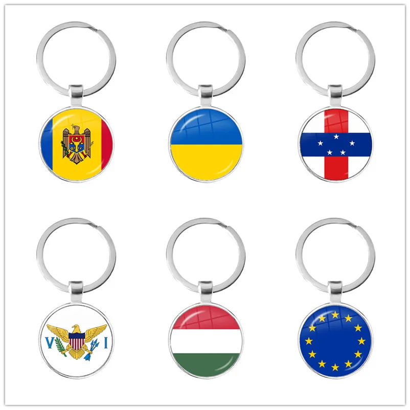 

LE Antilles,European Union,Ukraine,Hungary,Moldova,United States Virgin Islands National Flag Glass Cabochon Keychain Key Ring